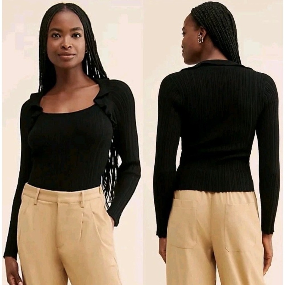 Anthropologie Maeve Millie Ruffled Ribbed Long Sleeve Sweater XXS Office Shirt